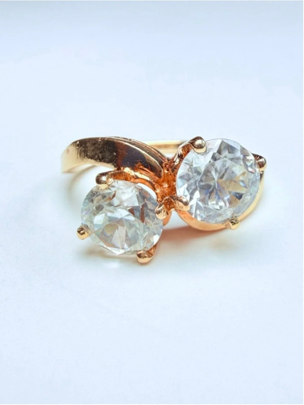 14K Solid Yellow Gold 2 CT White Topaz Toi Et Moi Art Deco Revival VTG RIng